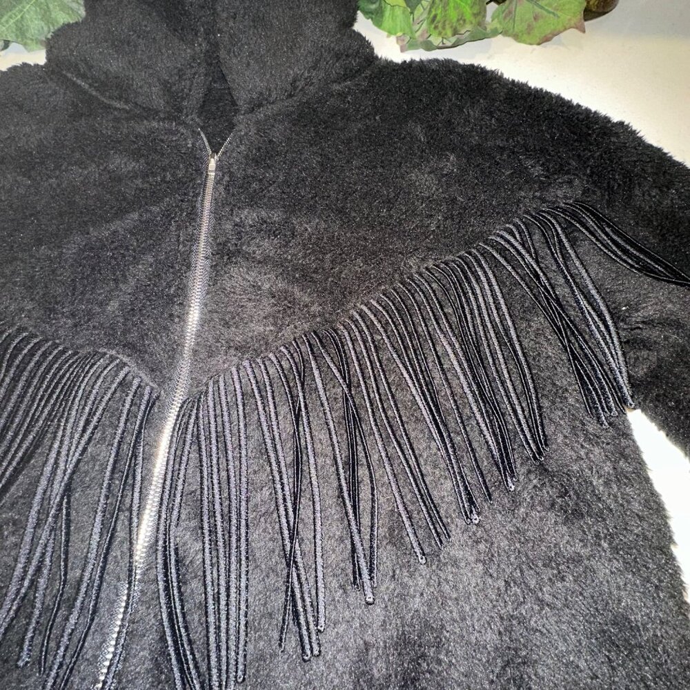 Shein Black Faux Fur Fringe Jacket Womens M 38 Polyester Zip Closure - Picture 7 of 8